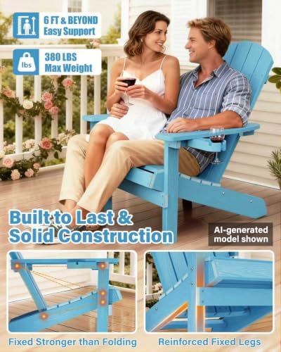 YEFU Adirondack Chair with Cup Holder, All-Weather Outdoor Chair, Blue