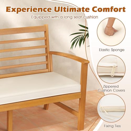 RELAX4LIFE 64’’ Outdoor Bench Acacia Wood - 3-Seat Patio Bench w/Slatted Back...