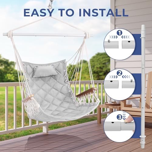 Hammock Chair Hanging Swing with Wooden Armrest;Steel Spreader Bar,Pillows,Ha...