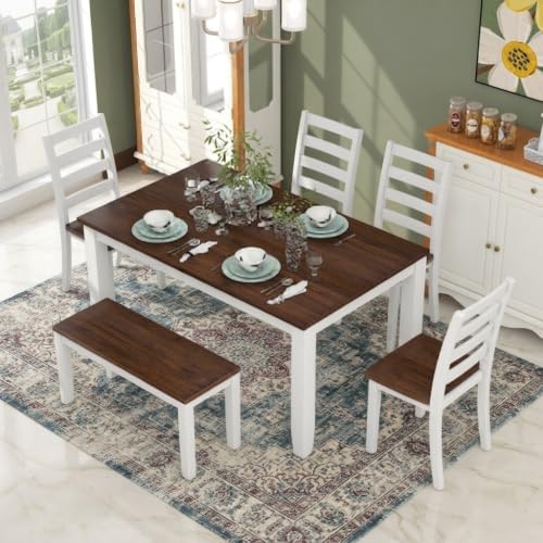 LUMISOL Solid Wood Kitchen Table Set with 4 Chairs & Long Bench, Walnut C...