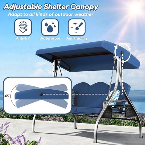 ZZW 3 Seat Outdoor Porch Patio Swing with Stand 800lbs 2-in-1 Convertible Swi...