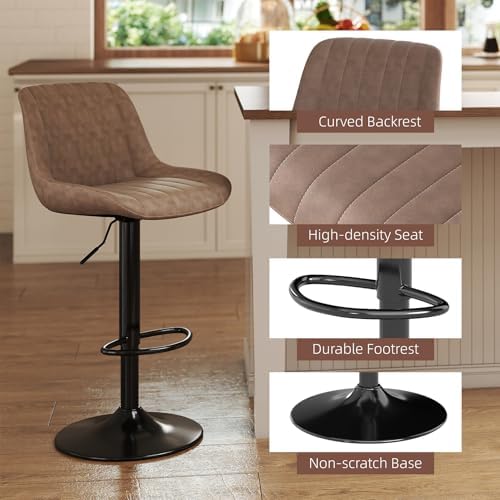 Youhauchair Adjustable Faux Leather Bar Stools Set of 2, Light Brown