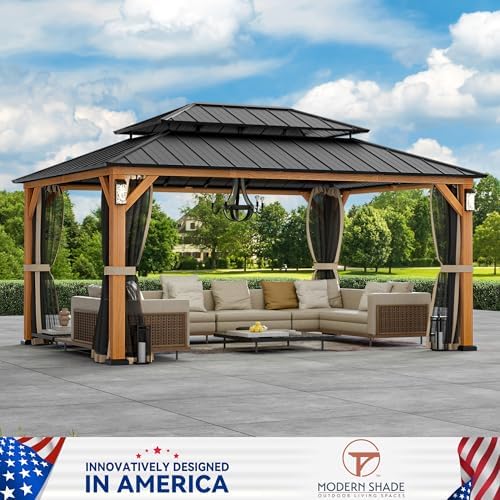 Modern Shade Hardtop Gazebo 12x16 with 4 LED Lights for Backyard Wood Grain