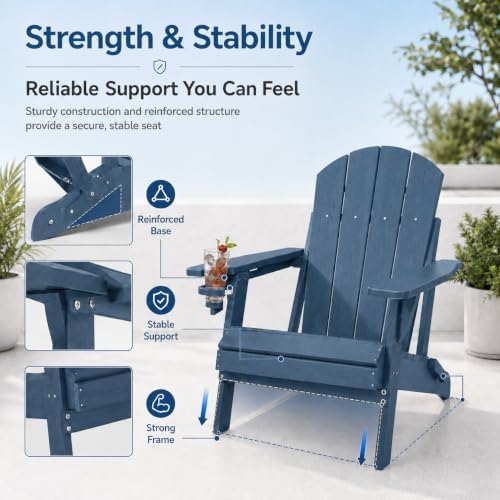 Folding Adirondack Chair with Cup Holder and Phone Holder, Heavy Duty HDPE Pl...