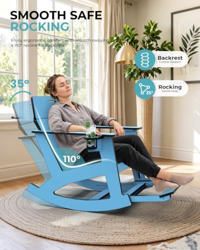 Ciokea Outdoor Rocking Chair with Pull-Out Footrest, Solid Backrest, Blue