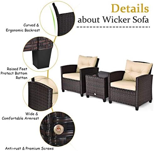 Tangkula 3 Pieces Patio Furniture Set, PE Rattan Wicker 3 Pcs Outdoor Sofa Se...