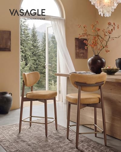 VASAGLE Wooden Bar Stools Set of 2, Synthetic Leather, Caramel Brown
