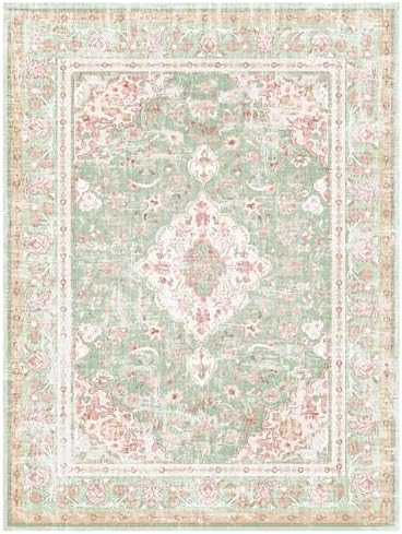 Vhong Washable Area Rugs Boho Vintage Modern Neutral Large Carpet Green and P...