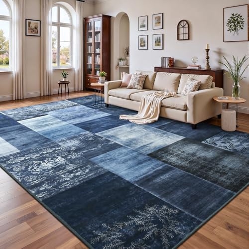 DweIke Washable Area Rugs 4x6 for Living Room, Modern Geometric Navy Blue Sof...