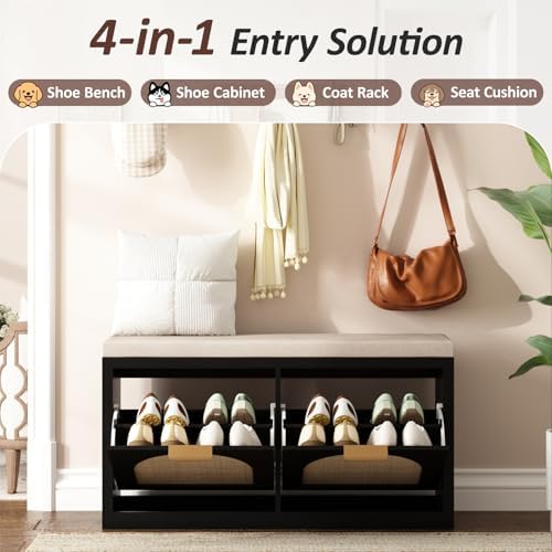 Rattan Narrow Entryway Bench with Shoe Storage, 2 Flip Drawers & Coat Rac...