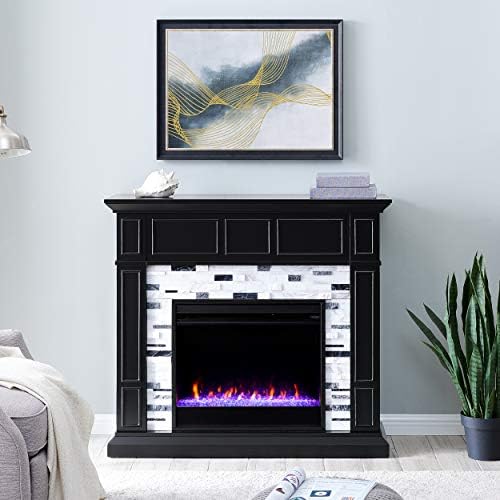 SEI Furniture Drovling Marble Tiled Color Changing Electric Fireplace, Black-...
