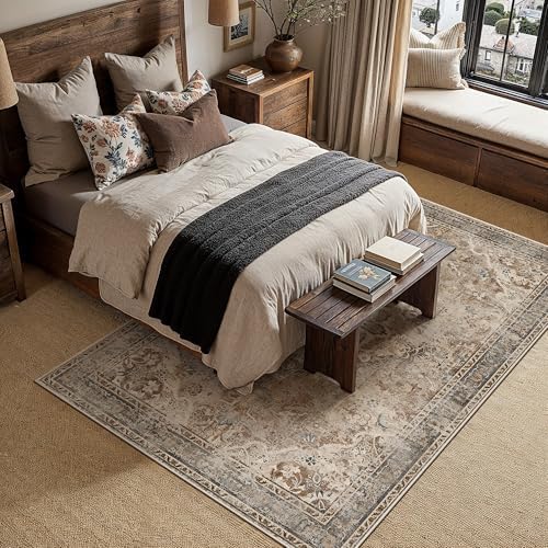PureCozy Brown Area Rug 8x10 Living Room Vintage Floral Non-Slip Carpet