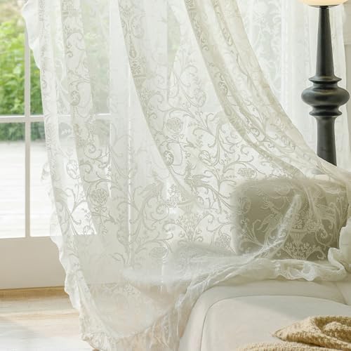 TUDECO Ruffle Curtains 2 Panels - Vintage Tulle Floral Lace Cream Sheer Curta...