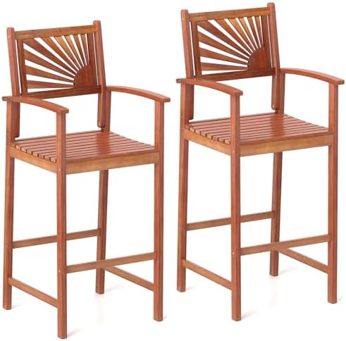COSTWAY 29'' Outdoor Acacia Wood Bar Chairs Set of 2 with Back and Ar...