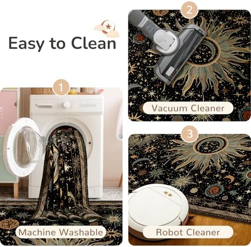 Vacuum-Friendly, 5x7 Washable Area Rug, Black Green Beige