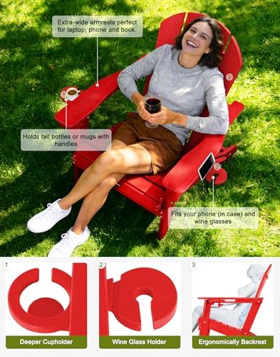 Adirondack Chair HDPE Cup Holders Heavy Duty Patio Woodgrain Red