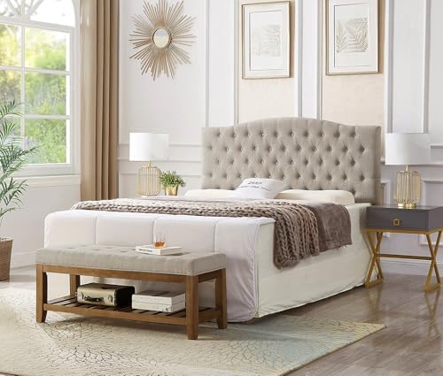 24KF Large Rectangular Upholstered Tufted Linen Fabric Ottoman Bench, Padded ...