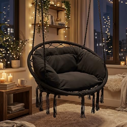 Magshion Macrame Hanging Hammock Chair with Cozy Full Cushion, Black