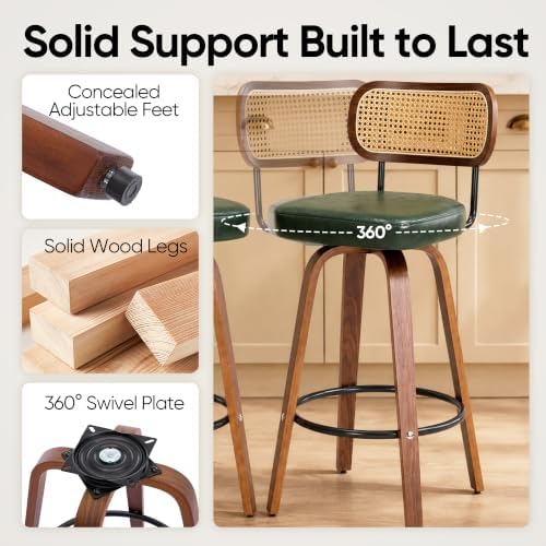 Rattan Bar Stools Set of 2,Upholstered PU Leather, 30''Counter Height...