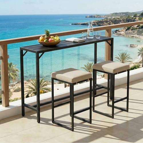 TLSUNNY 63" Patio Bar Table, Sturdy Outdoor Counter Height Table, Black