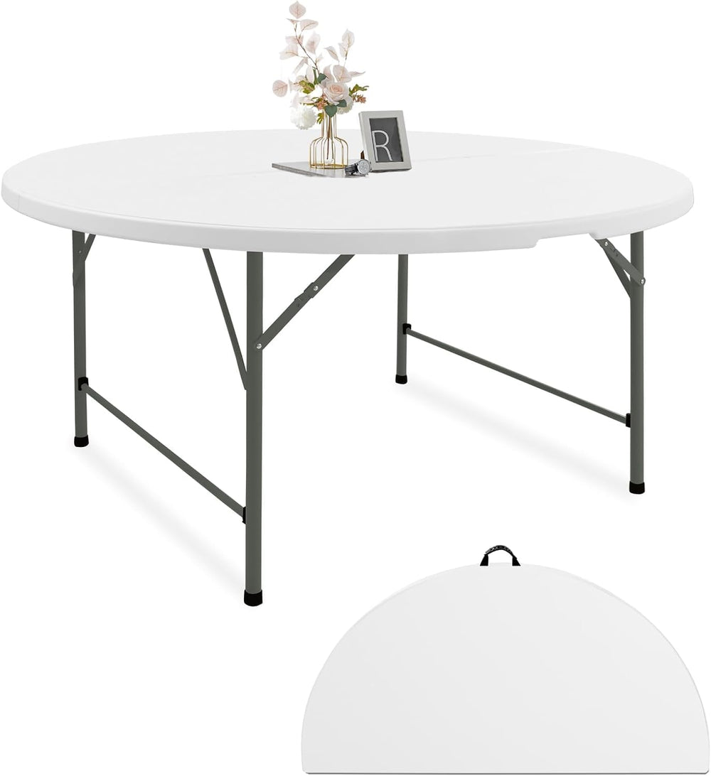 Fivenl Round Folding Tables White Foldable Table, Fold-in-Half with Carrying ...