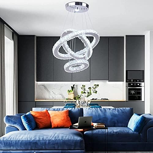 3-Ring Crystal Pendant Light, Adjustable LED, Cool White
