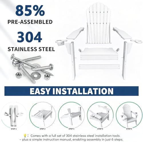 Plawdlik Oversized Folding Adirondack Chair, HDPE All-Weather Patio Chair wit...