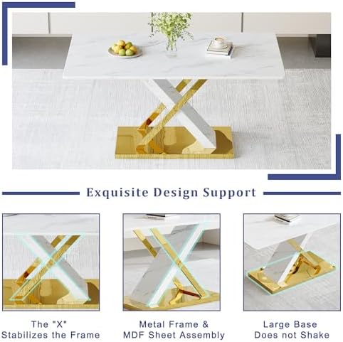 YUNDREAM Modern Marble Dining Table Set for 6,White Gold 63'' Dining ...