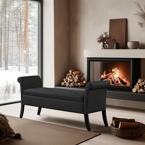 Yaheetech 52in Rolled Arm Storage Ottoman Bench Seat for Entryway, Black