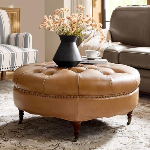 HULALA HOME 40" Genuine Leather Coffee Table with Rolling Wheels, Camel