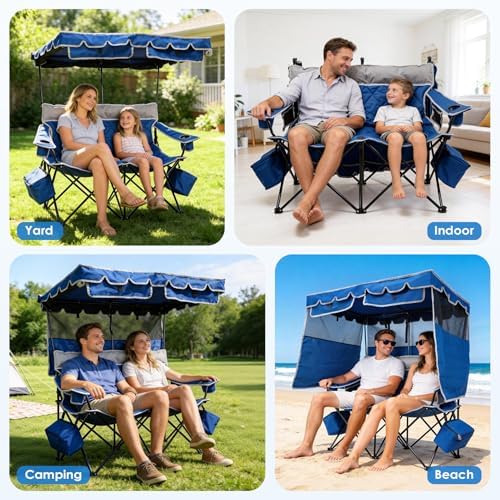 Suteck Double Camping Chair with Canopy, 660lbs Folding Loveseat with Shade