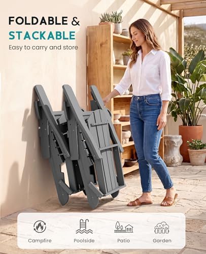 SERWALL Folding Adjustable Adirondack Chairs Set of 2, Cup Holders, Gray