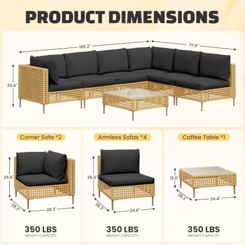 LHBcraft 7-Piece Patio Furniture Set, Handmade Rattan Outdoor Furniture Set, ...