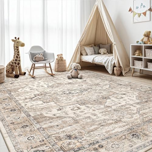 8x10 Area Rugs for Living Room: Washable Vintage Tea Brown Rug