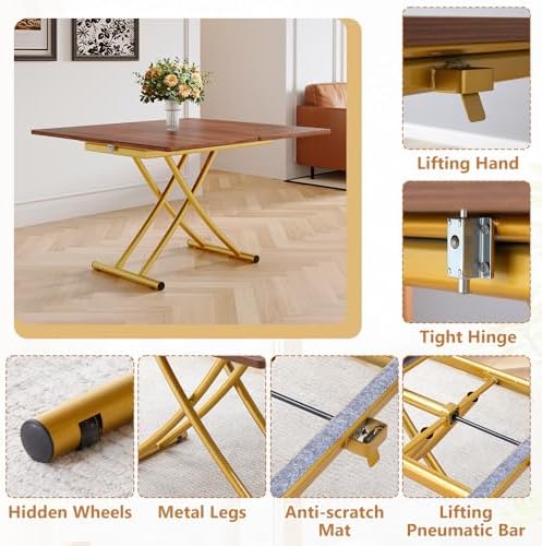 Adjustable Height Coffee Table, Folding Dining Table, Walnut&Gold