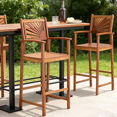 COSTWAY 29'' Outdoor Acacia Wood Bar Chairs Set of 2 with Back and Ar...