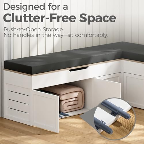 L-Shaped Corner Storage Bench with Cushion, Backless Wood Bench, Black