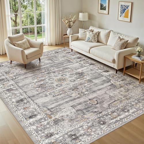 Vintage Washable 5x7 Area Rug, Non-Slip Indoor Carpet, Grey