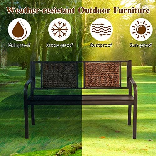 S AFSTAR Outdoor Garden Bench, Brown, Iron, Metal, Polyethylene, Rattan, 50.5...