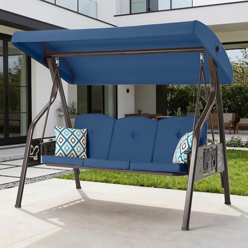 3-Seat Outdoor Porch Swing with Stand for Adults, 800lbs Convertible Swing Be...