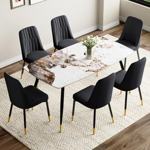 7 Piece Dining Table Set, Dinner Table Set for 6, Sintered Stone Kitchen Tabl...
