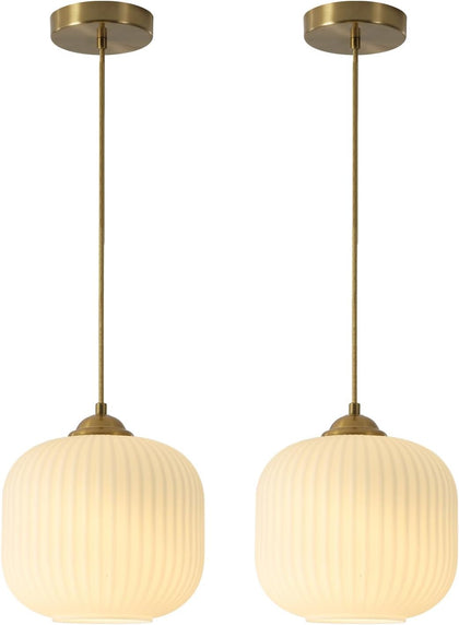 KCO Lighting 2 Pack Brushed Brass 7.9” White Ribbed Glass Pendant Lights