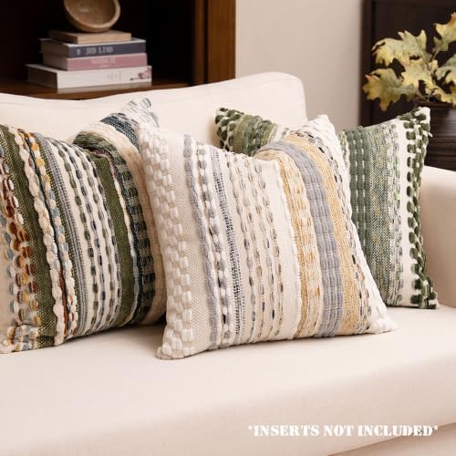 Boho Chenille Tufted Throw Pillow Covers 18x18 Inch Set of 2 Farmhouse Beige ...