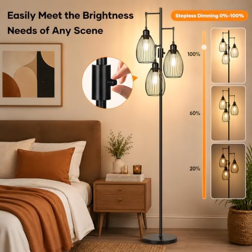 Dimmable Floor Lamp, 3 x 800LM LED Edison Bulbs Included, Farmhouse Industria...