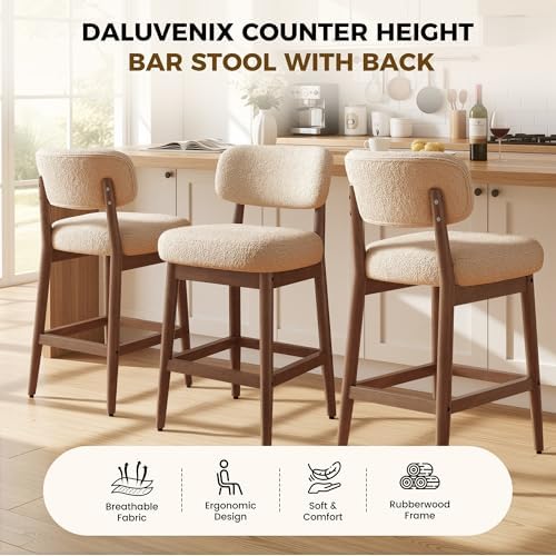 Solid Wood Counter Height Bar Stools Set of 2, Fluffy Boucle Bar Chairs with ...