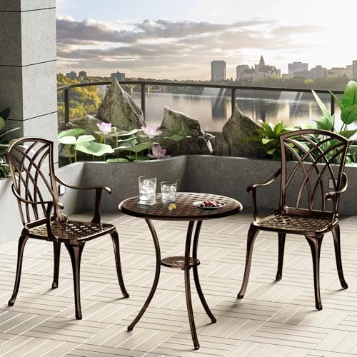 Patio Bistro Set 3 Piece, Cast Aluminum Bistro Set for 2 w/Umbrella Hole, Out...