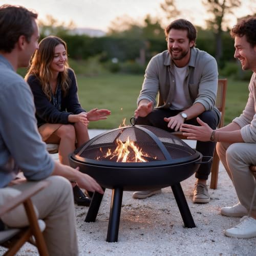 23inch Portable Fire Pit with Fire Poker and Spark Screen, 2 in 1 Small Round...