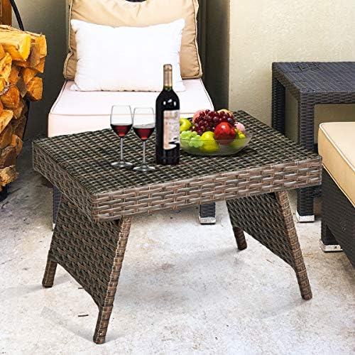 LDAILY Outdoor Side Table, Portable Wicker Coffee Table with Rattan and Steel...
