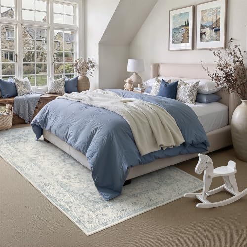 8x10 Blue Washable Area Rug Non Slip Vintage Carpet