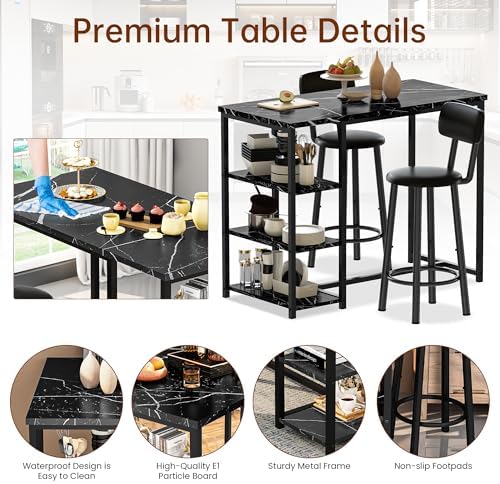 Recaceik Pub Dining Table Set for 2, Table and Bar Stools with 3 Storage Shel...
